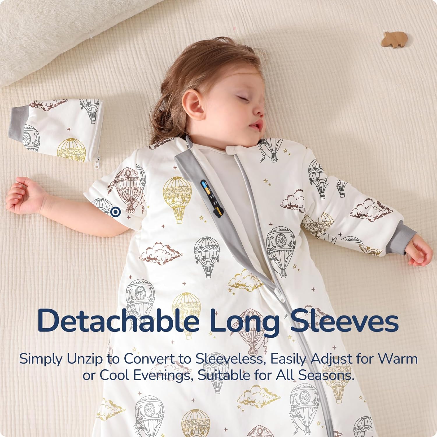 Baby Sleep Sack 6–12 Months, 2.5 TOG Warm Cotton Sleep Sack with Detachable Long Sleeves, Winter Wearable Blanket for Cold Nights, 2-Way Zipper Toddler Sleeping Sack, Hot Air Balloon - Image 2