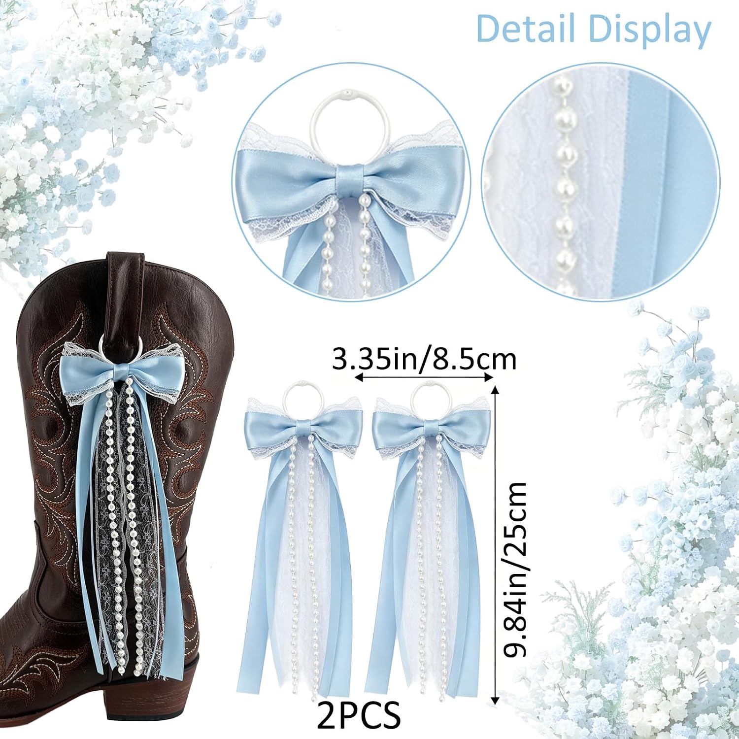 Blue Bow Boot Charms 2Pcs Pearl Lace Ribbon Boot Ornaments for Cowboy Boots image 2