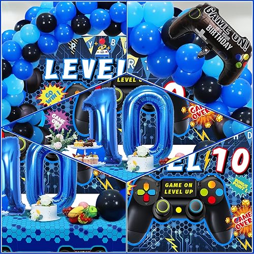 Miniatura 7 de Juego de 90 decoraciones de fiesta de videojuegos de cumpleaños número 10 para niños, suministros azules de 10º cumpleaños, telón de fondo de