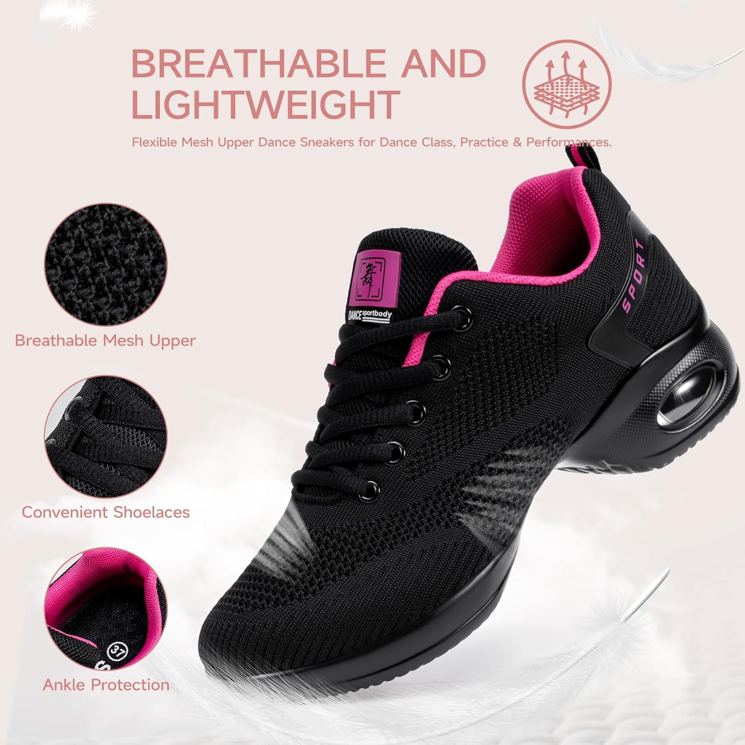 Women's Breathable Mesh Dance Sneakers Black Cushion Comfortable Jazz Shoes for Ballroom