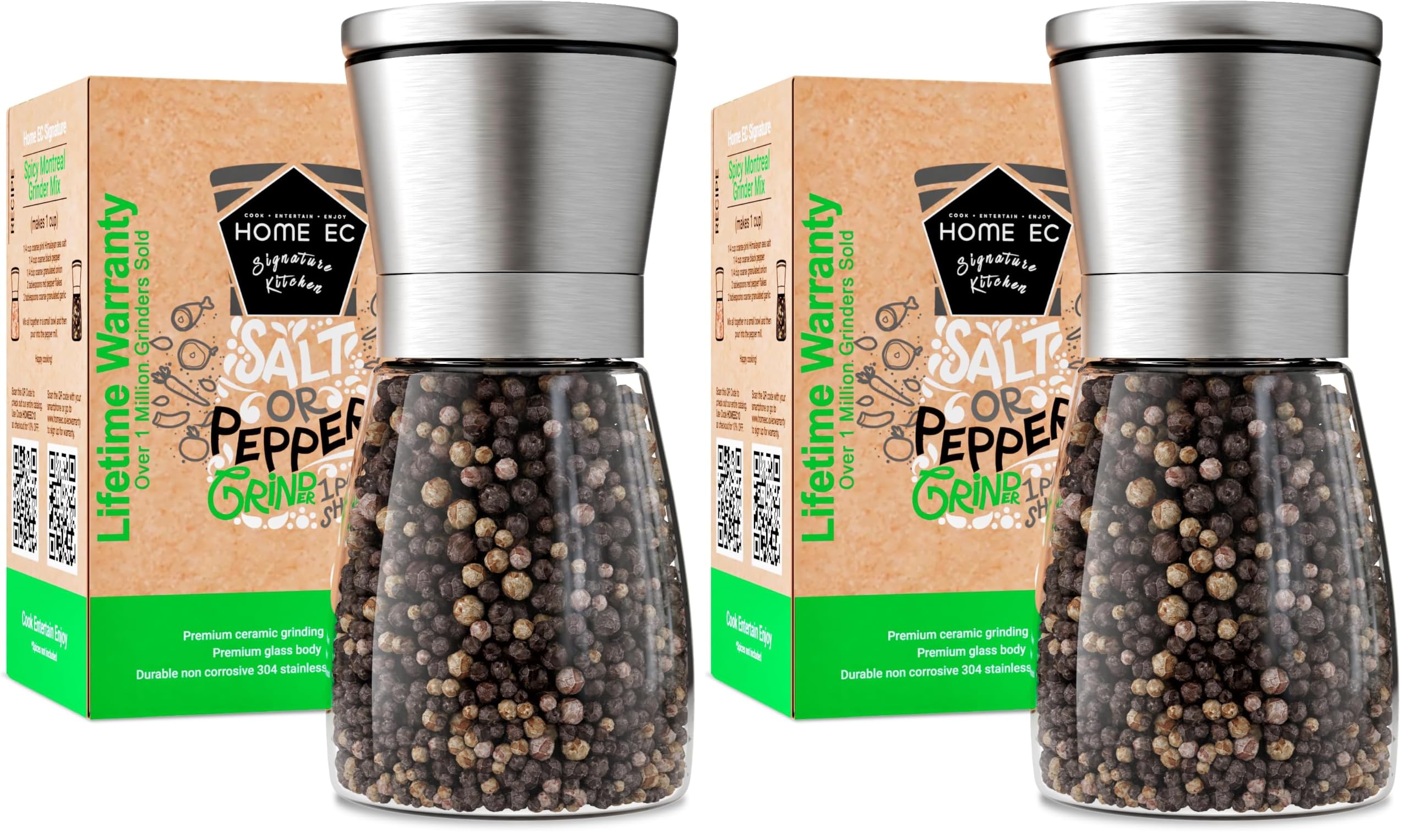 HOME EC Original Stainless Steel Salt or Pepper Grinder 1pk - Adjustable Ceramic Sea Salt Grinder or Pepper Mill - Tall Glass Spice Shaker - Spice Mill w/EBook (Pack of 2)