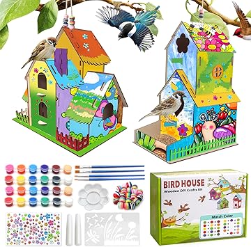 Col-Pary 2 Pack Bird House &, DIY Crafts for Kids Ages 4-8 8-12, Build & Paint Your Own Wooden House, DIY House Feeder Art Craft Projects, Children's Day Gift for Boy Girl