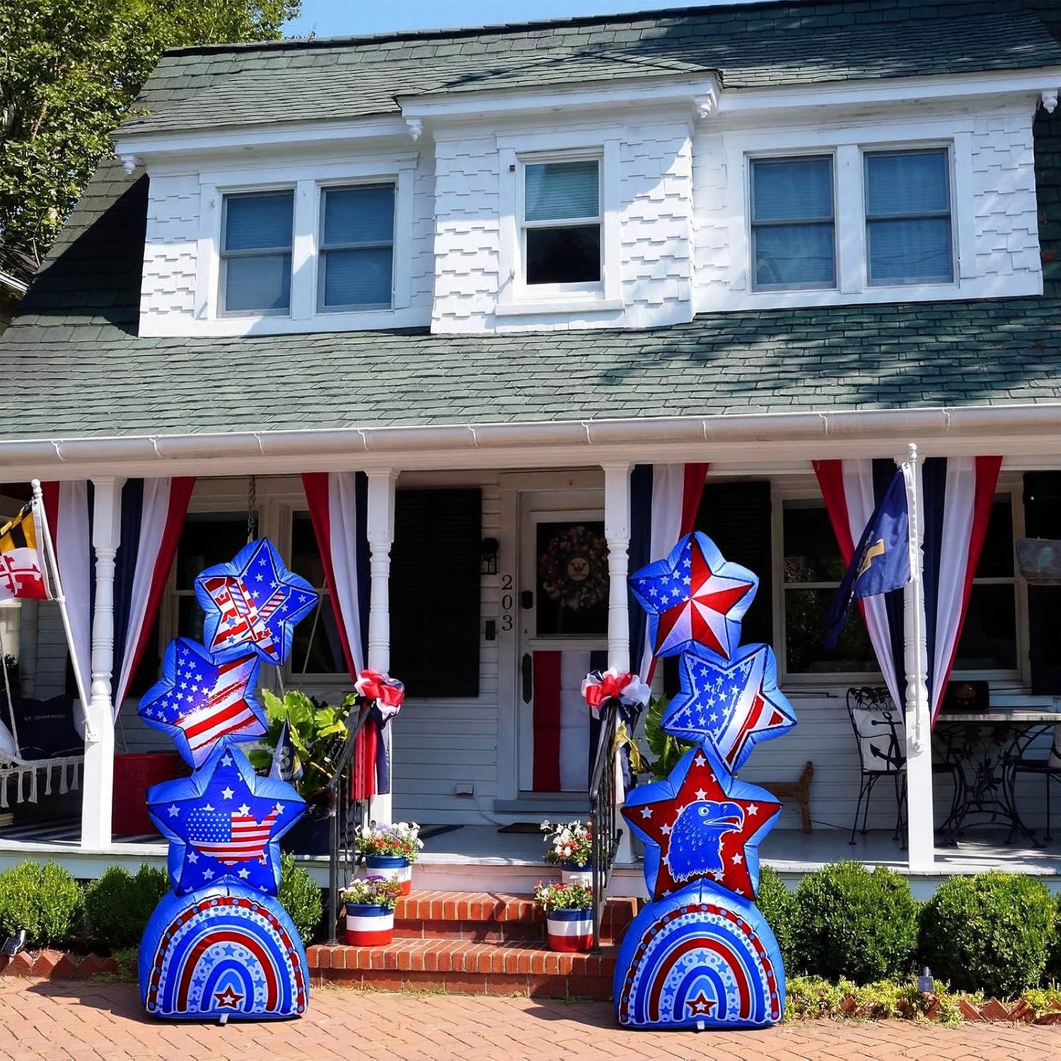 Fourluoo 2 Pcs 5.25 ft 4th of July Inflatable Star Outdoor Decoration Patriotic 250th Anniversary Light up Blow up Yard Decor Red White and Blue Inflatable Star for Memorial Day Party Garden Lawn Yard