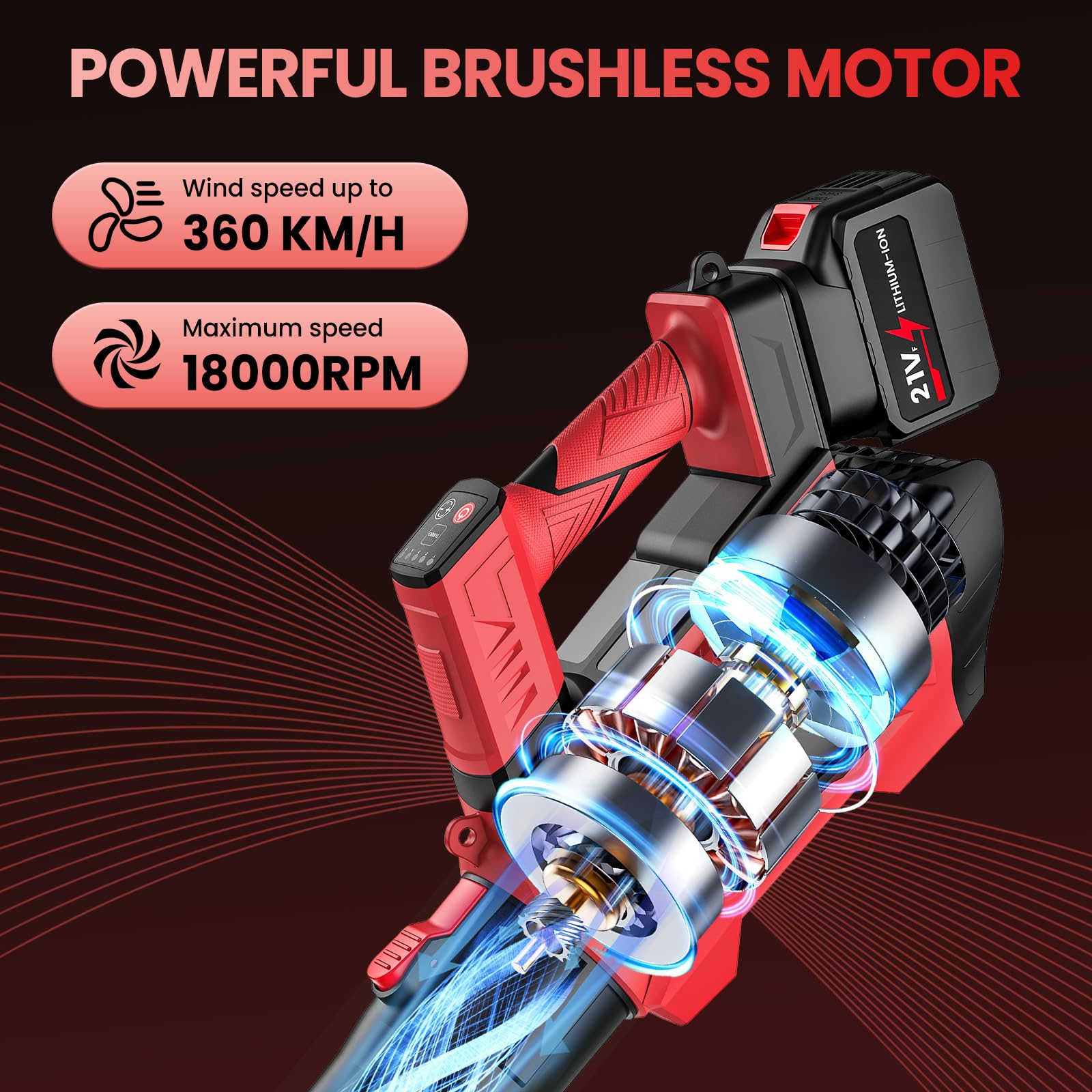 Soffiatore a Batteria, 21V Soffiatore Foglie con 2 X 4,5 Ah Batterie | 5 Velocità & Turbo Modalità, 360km/h, Motore Brushless, Tubo Staccabile, Tracolla, per Giardino, Auto, Neve, Cortile
