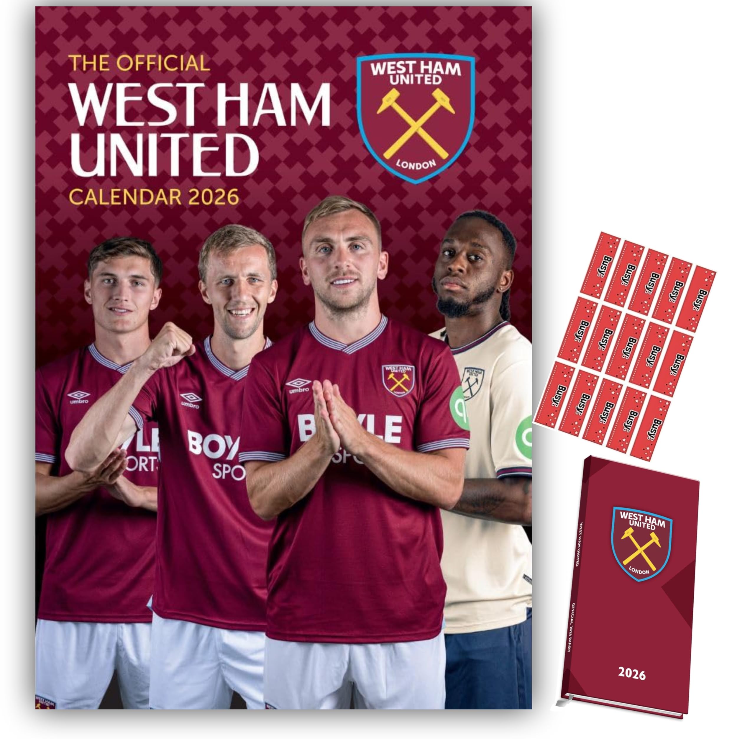 West Ham Calendar 2026 A3 Wall Calendar & West Ham Slim Diary Gift Set with FREE Organsing Stickers Included