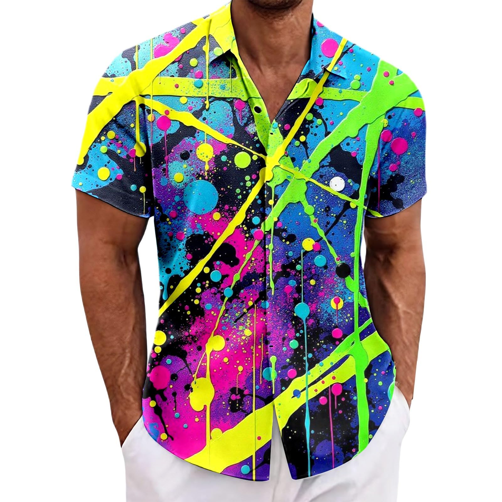 RUMAOZIA Men's Hawaiian Shirt 80s 90s Style Short Sleeve Carnival Fancy Dress Outfit 80s Shirts 90s Button Up Shirt Retro Hawaiian Beach Shirt Neon Disco Funny Party Shirts Colourful Vintage Shirts, R โ image 1