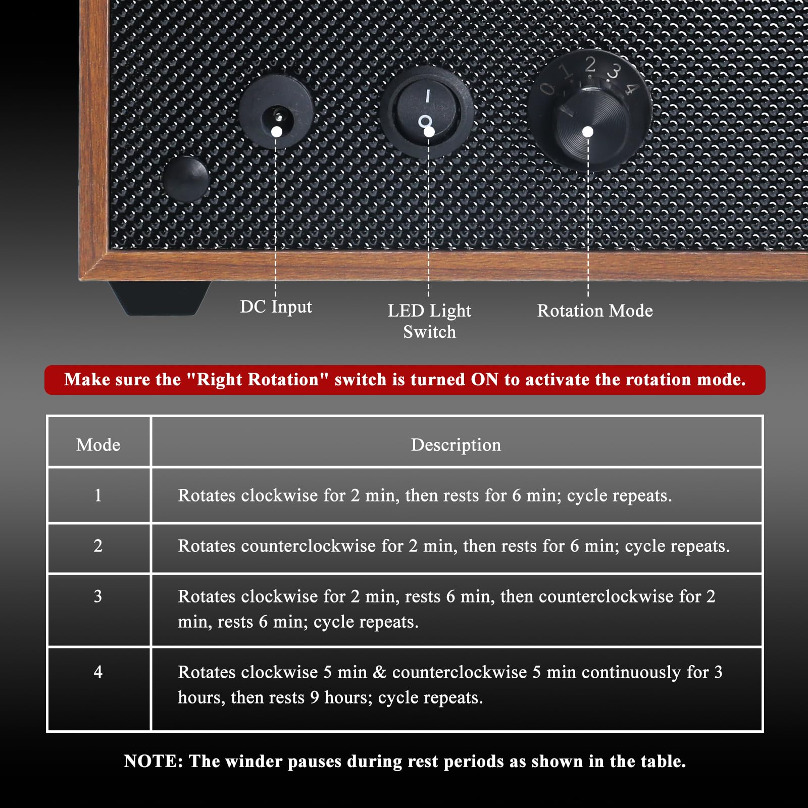Caja Giratoria para Relojes Automáticos, Caja Giratoria con 3 Relojes Automáticos | 4 Modos de Rotación | Luz LED Azul | Almohadilla de Espuma | Vitrina de Madera, Función de Parada con Tapa Abierta