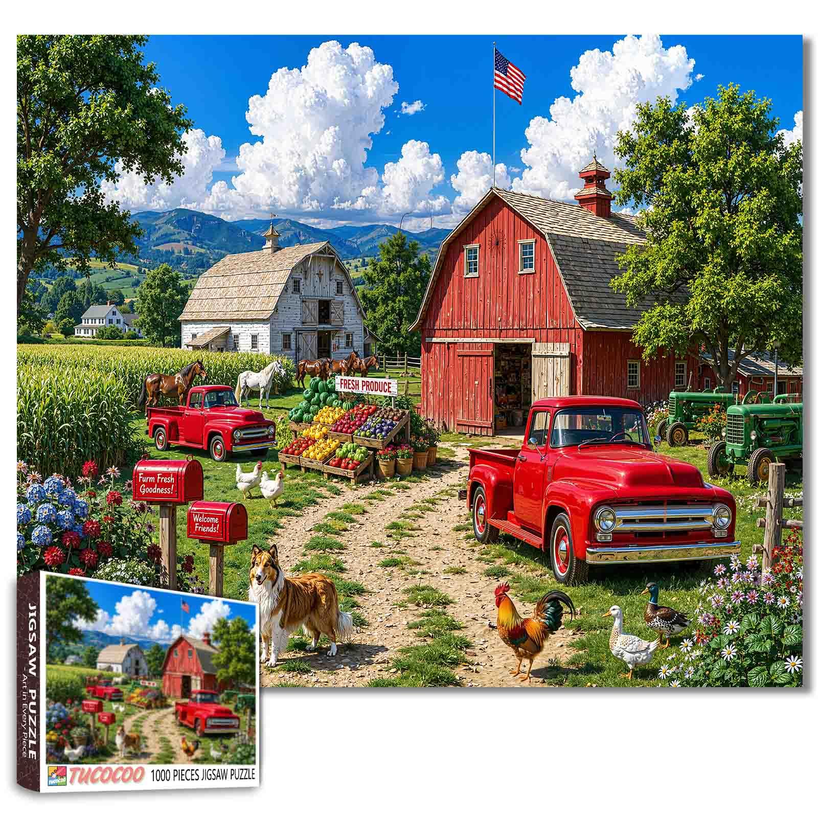 American Farm Country Jigsaw Puzzles for Adults 1000 Pieces Vintage Red Pickup DIY Puzzles for Family Activity Games Barn Art Jigsaw Puzzles Home Wall Decor Craft Gifts 19.7 x 27.6 Inch — image 1