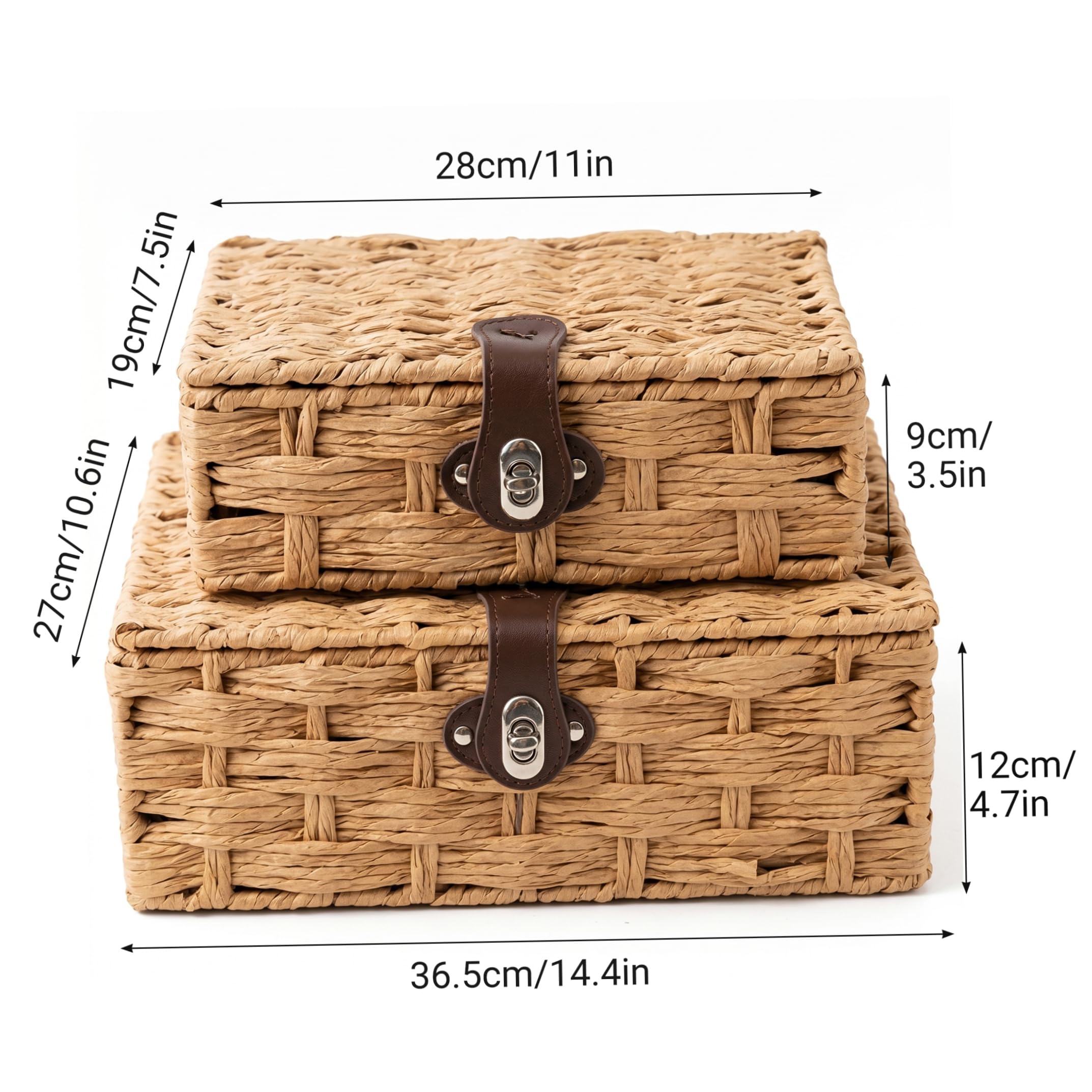 2 cestas de Almacenamiento de Mimbre con Tapa, Cajas Tejidas con Cerradura, Juego de Organizador Hecho a Mano para Sala de Estar/Dormitorio/baño, marrón Claro, 2 tamaños