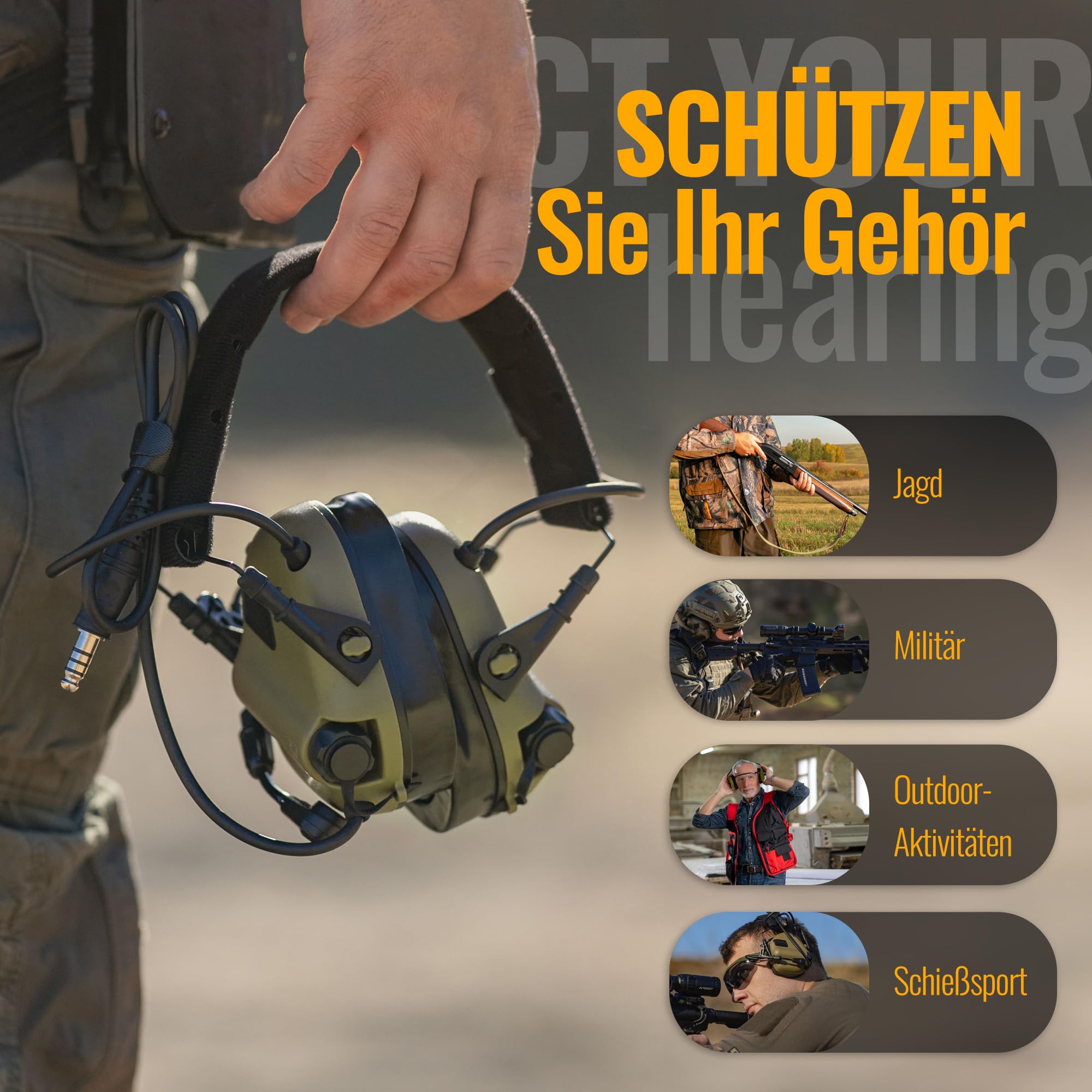 Earmor M32 Plus Elektronisches Helm-Headset – Gehörschutz mit Mikrofon & Klangeinstellung – IPX5 Wasserbeständig, Helmkompatibel für Outdoor-Aktivitäten (Grün)