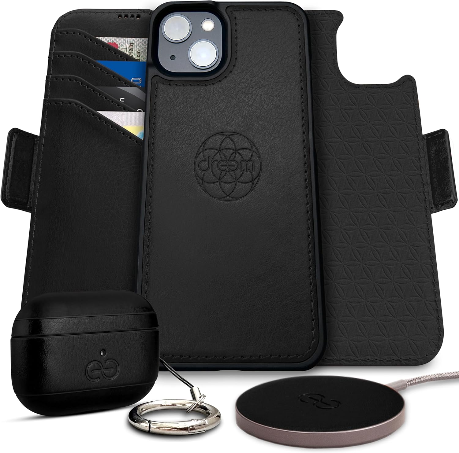 Dreem Bundle: Fibonacci Wallet-Case for iPhone 13 Mini with Om Case for AirPods Pro 2 and Empower Wireless Charger Pad [Black]