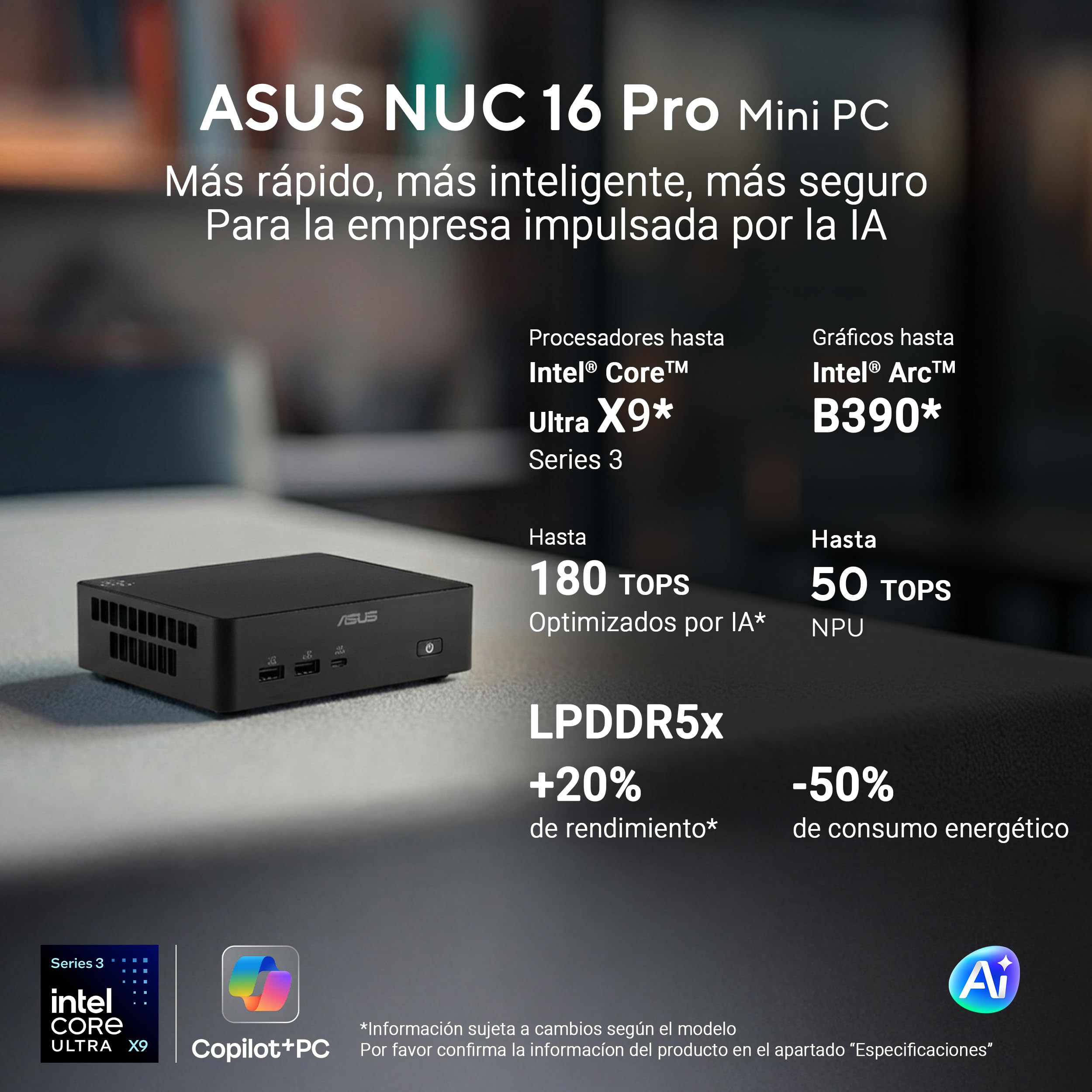 ASUS NUC 16 Pro - Ordenador de sobremesa | Procesador Intel Ultra 7 365H, sin memoria, sin almacenamiento, sin SO, compatible con OpenClaw