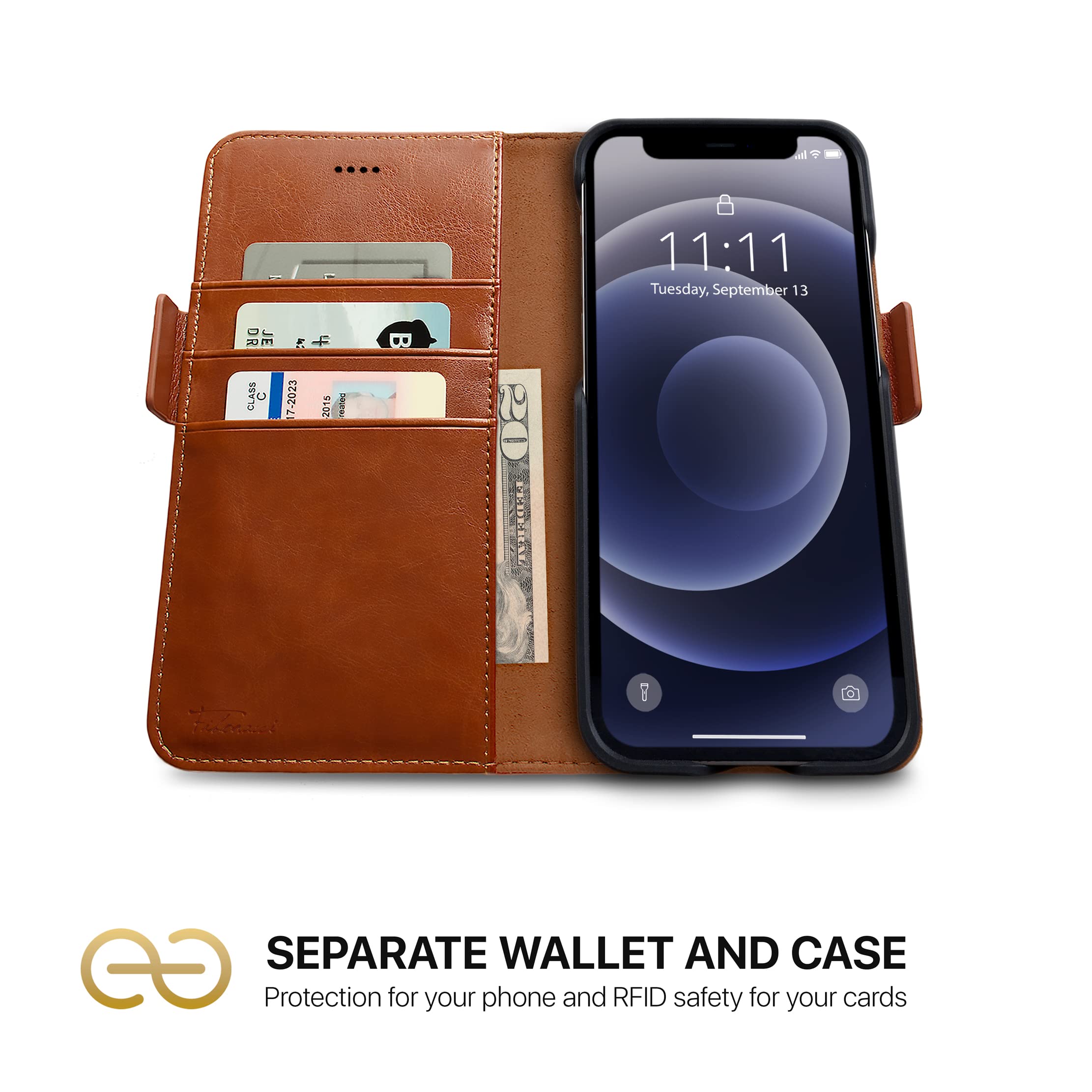 Dreem Fibonacci 2-in-1 Wallet Case for Apple iPhone 12 Pro Max - Luxury Vegan Leather, Magnetic Detachable Shockproof Phone Case, RFID Card Protection, 2-Way Flip Stand - Caramel