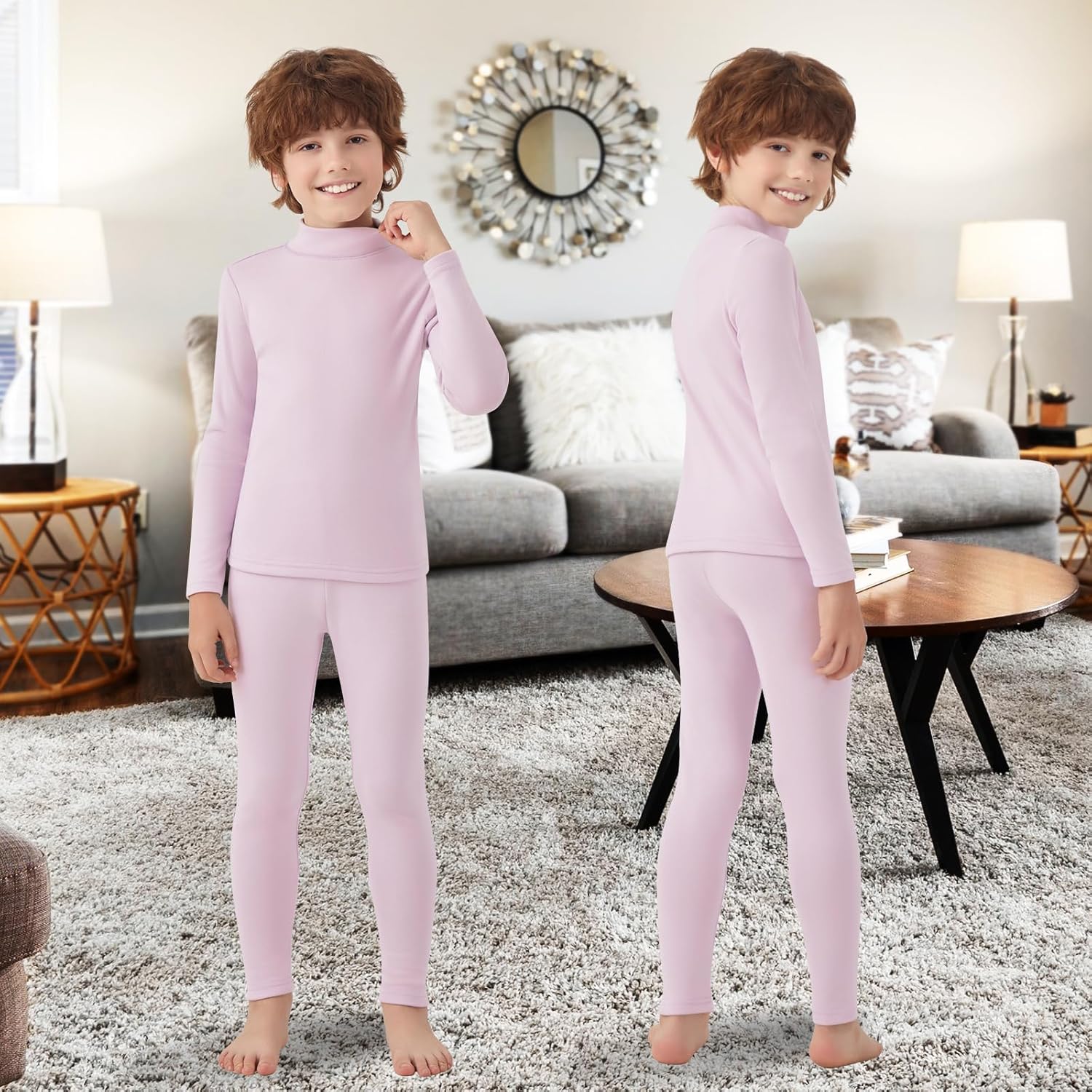 WOWENY Unisex Kids Thermal Underwear Fleece Lined Long Johns Set Winter Base Layer for Skiing Top Bottom Warm Set Boys Girls - Image 4