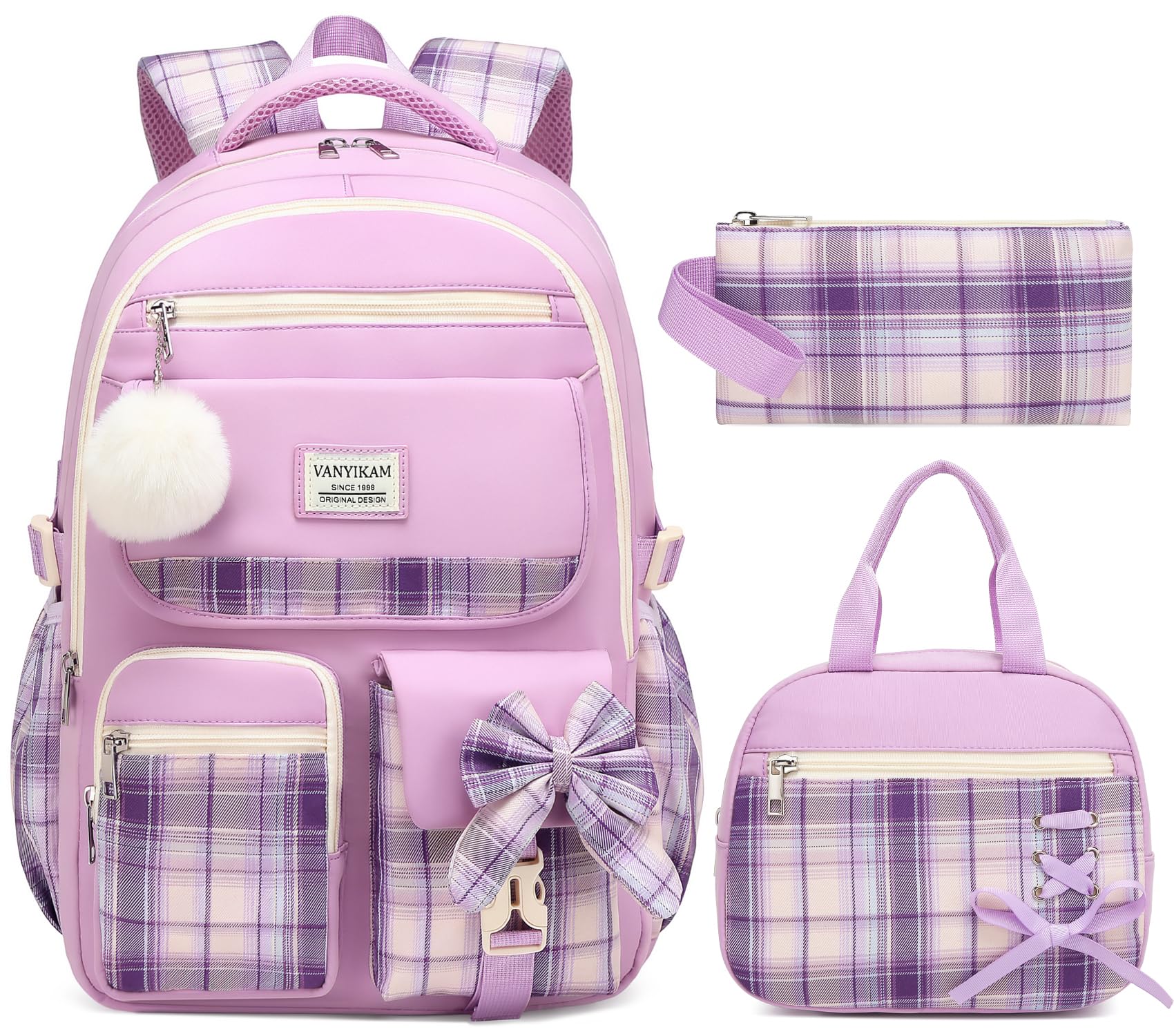 Backpack for School Girls, 3Pcs Kids Cute Bookbag with Lunch Box Pencil Pouch, Student Pack Fits 15.6 Inch Laptop for Teens bag for Kindergarten Elementary Preschool Middle School, Purple Tartan