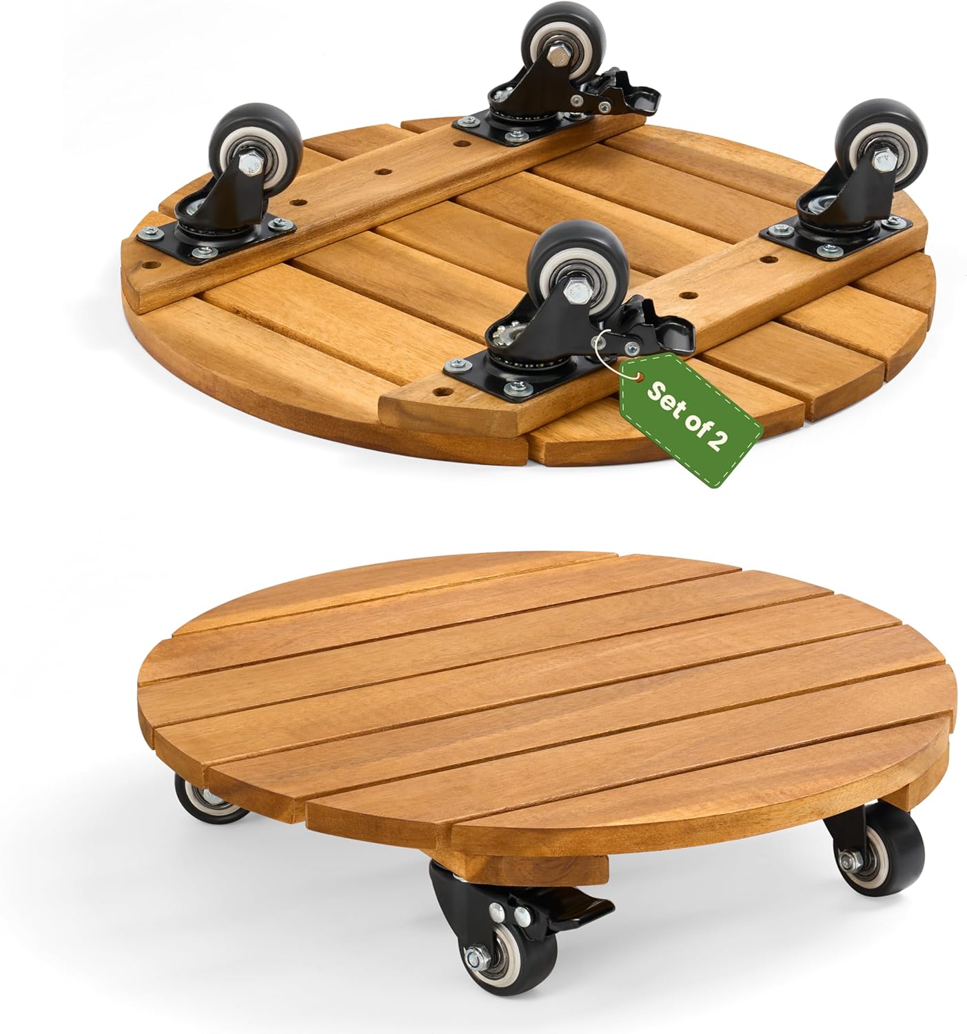 Jurax 14 Inch Wood Plant Caddy with Wheels – Heavy Duty Plant Dolly Holds Up to 286 lbs, 360° Lockable Casters, Rolling Plant Stand Indoor Outdoor for Large Pots – 2 Packs, Round-Golden Teak