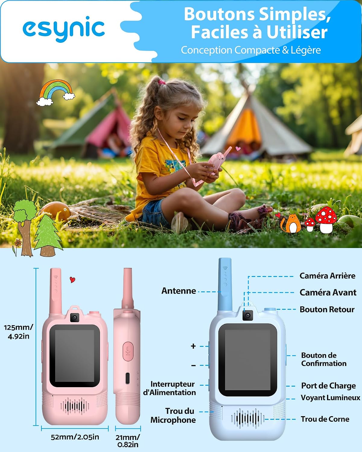 Diagram showing the different parts of the eSynic HK200 Kids Video Walkie-Talkie, including front camera, rear camera, antenna, power switch, volume buttons, microphone hole, charging port, and speaker hole.