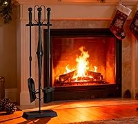 Kingson 5-Piece Wrought Iron Fireplace Tools Set - Sturdy Poker, Shovel, Brush, Tongs & Stand for Indoor/Outdoor Fire Pits