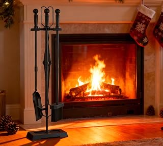 Kingson 5-Piece Wrought Iron Fireplace Tools Set - Sturdy Poker, Shovel, Brush, Tongs & Stand for Indoor/Outdoor Fire Pits