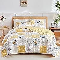 Joyreap Queen 3-Piece Reversible Floral Patchwork Quilt Set - Yellow White Flowers Microfiber Bedspread 90x90 All Season with Shams