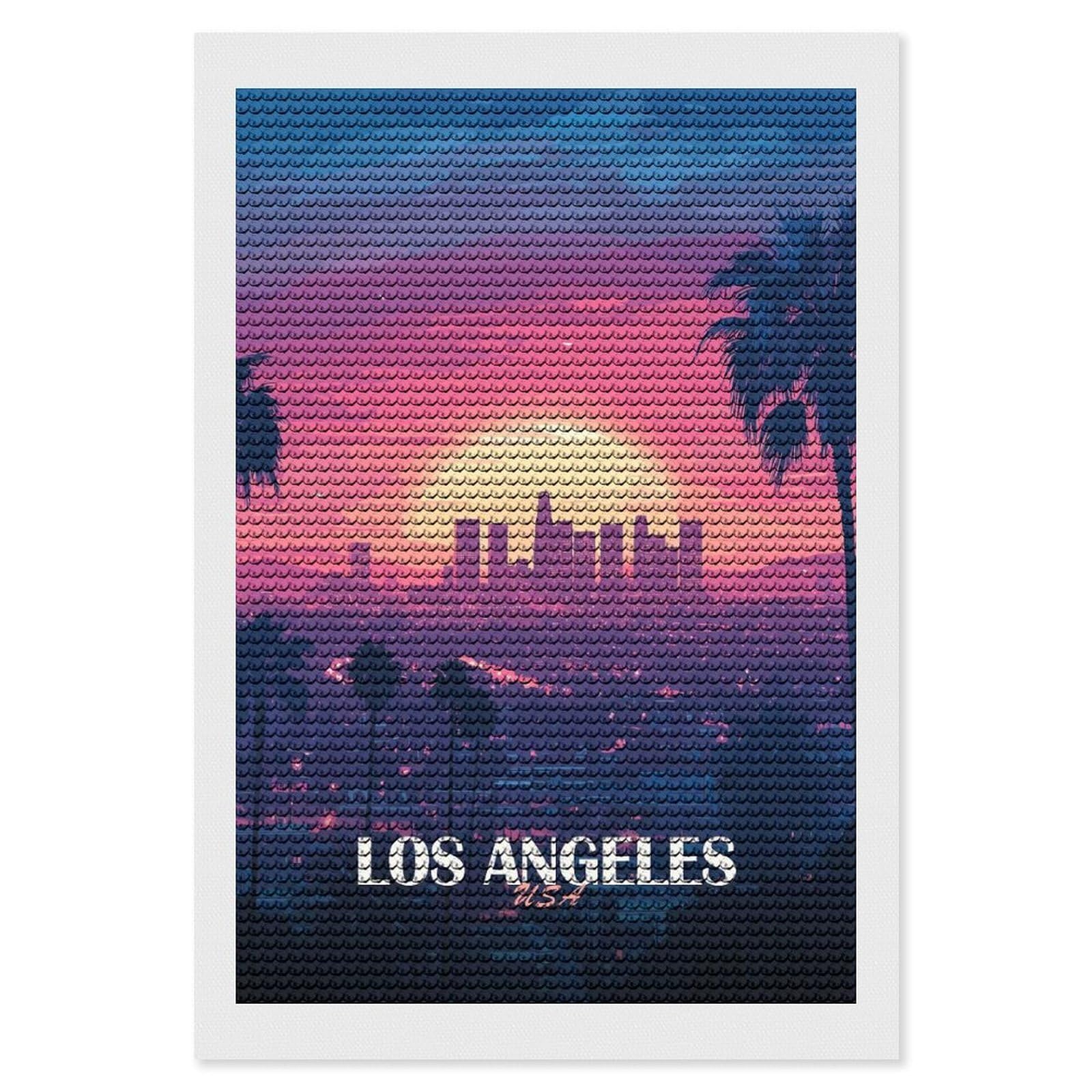 Junmoney Los Angeles Sunset Skyline Illustration Diamond Painting Set 8"x12", Neat Printed Canvas, with Tool Kit, Bedroom Decor, Gift Idea, Complete Accessories