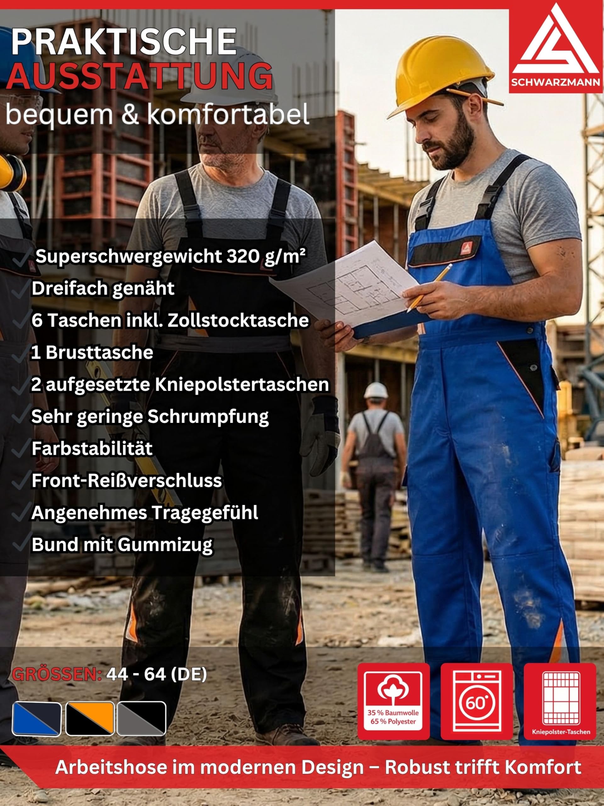 Arbeitshose Herren Latzhose mit Stretchbund 6 Taschen robuste Arbeitskleidung Männer Arbeitslatzhose mit Kniepolstertaschen Berufskleidung Handwerk Bau Industrie KFZ Werkstatt Lager Garten Sanitär DIY