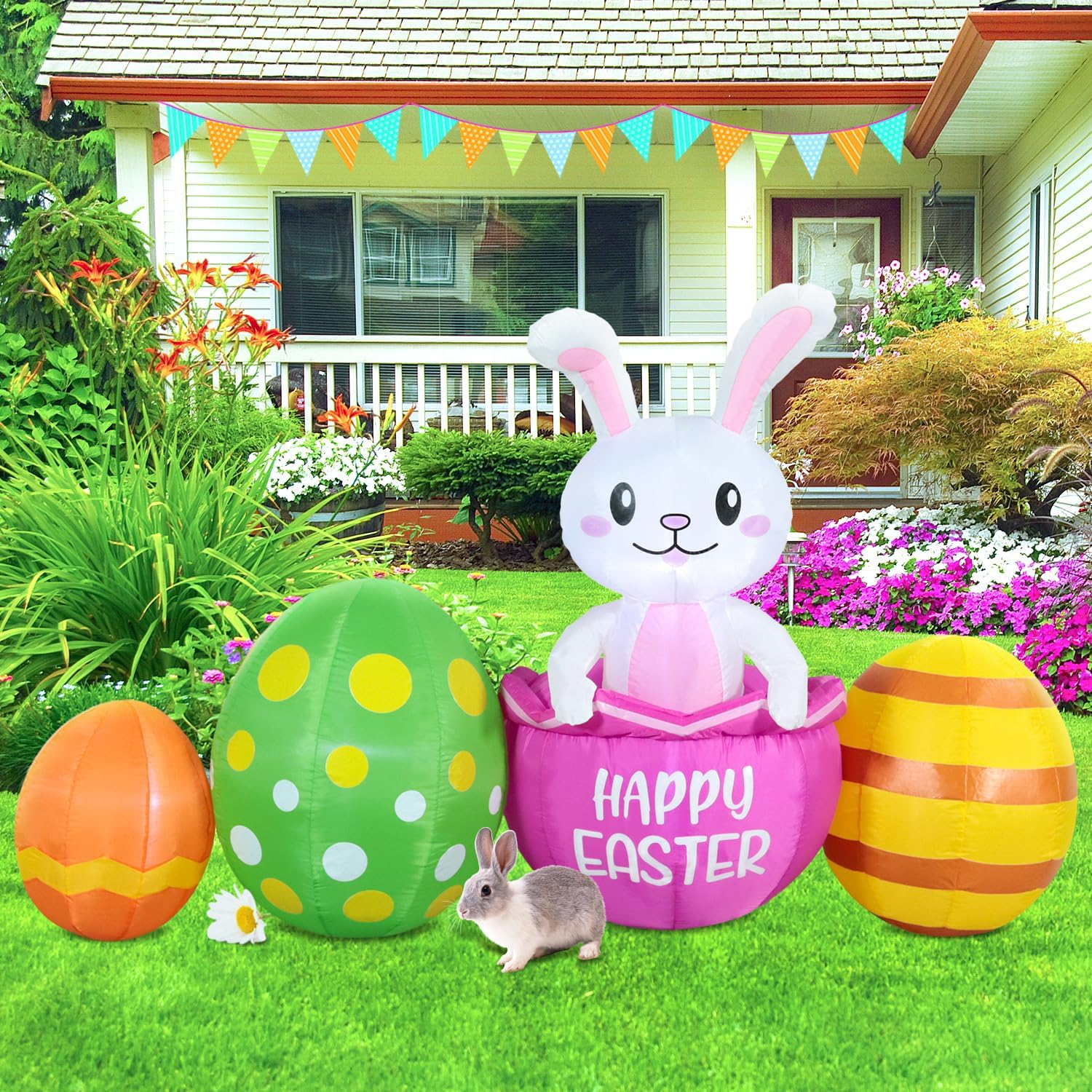 7FT Long Easter Inflatable Bunny Outdoor Decorations with Eggs, Build-in LED Lights Holiday Blow Up Yard Decoration, for Easter Holiday Party, Outdoor,Garden, Yard Lawn Décor