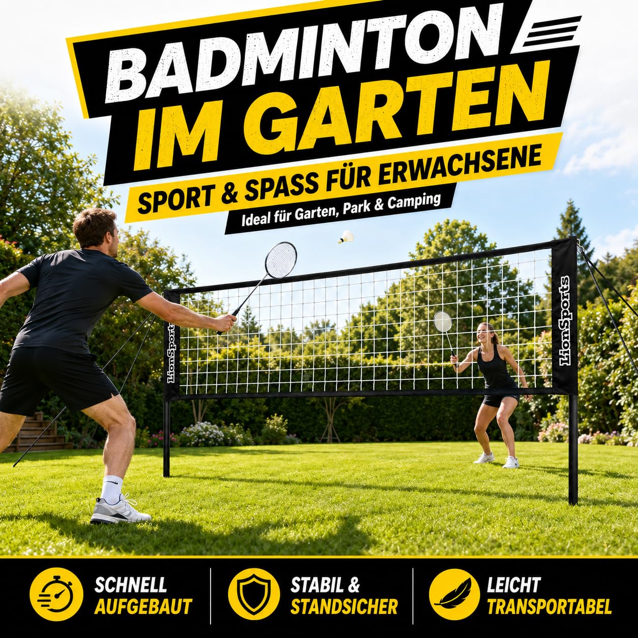 Mobiles universal Profi Netz – Badmintonnetz, Tennisnetz, Volleyballnetz – Höhenverstellbar – aus stabiles pulverbeschichtetes Gestell – mit Transporttasche – Perfekt für alle Outdoorspiele