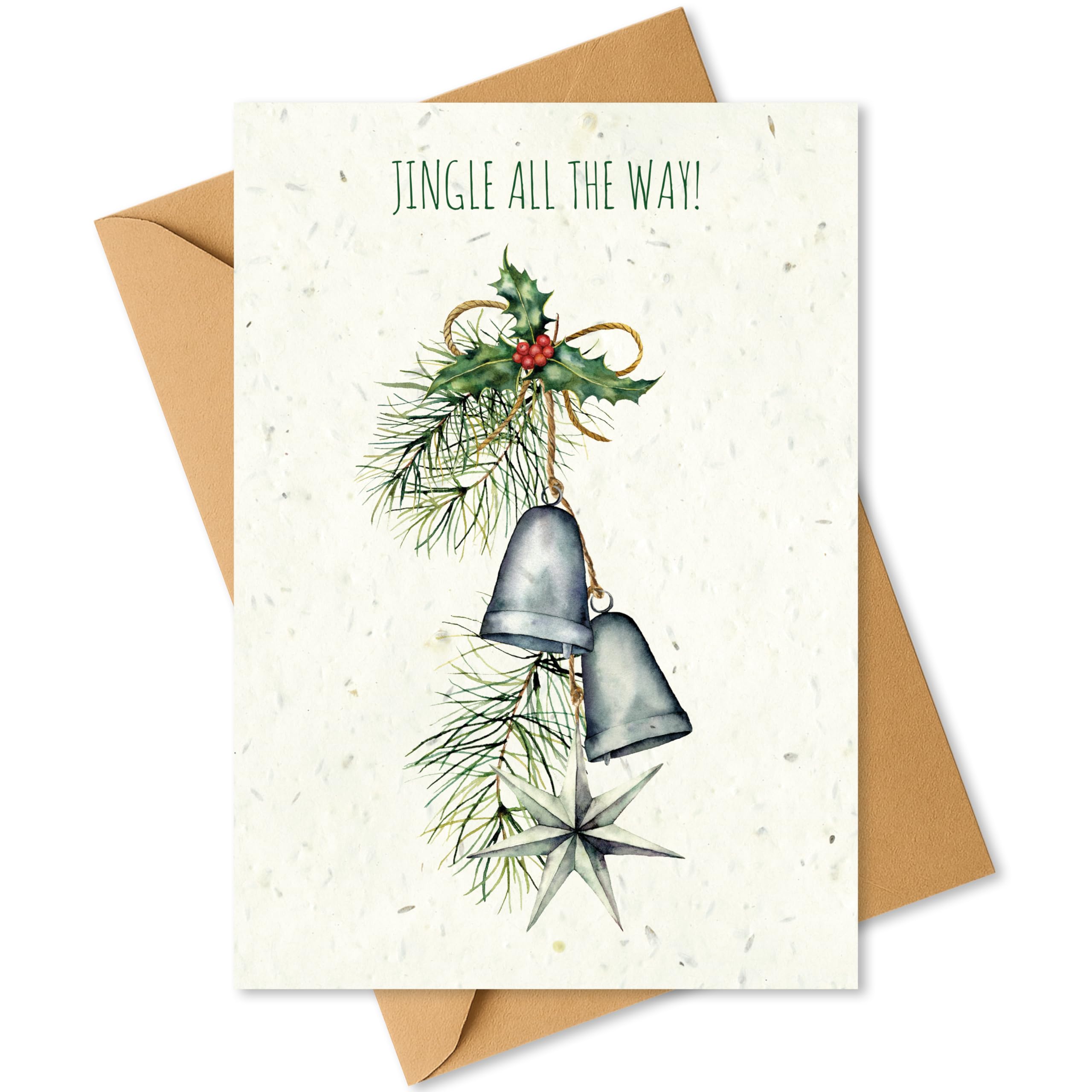 Plantable Christmas Card with Silver Bells – Eco Friendly Biodegradable Seed Paper Greeting Card, Sustainable Gift, Zero Waste Christmas Card for Friends & Family (1 Card and Envelope)