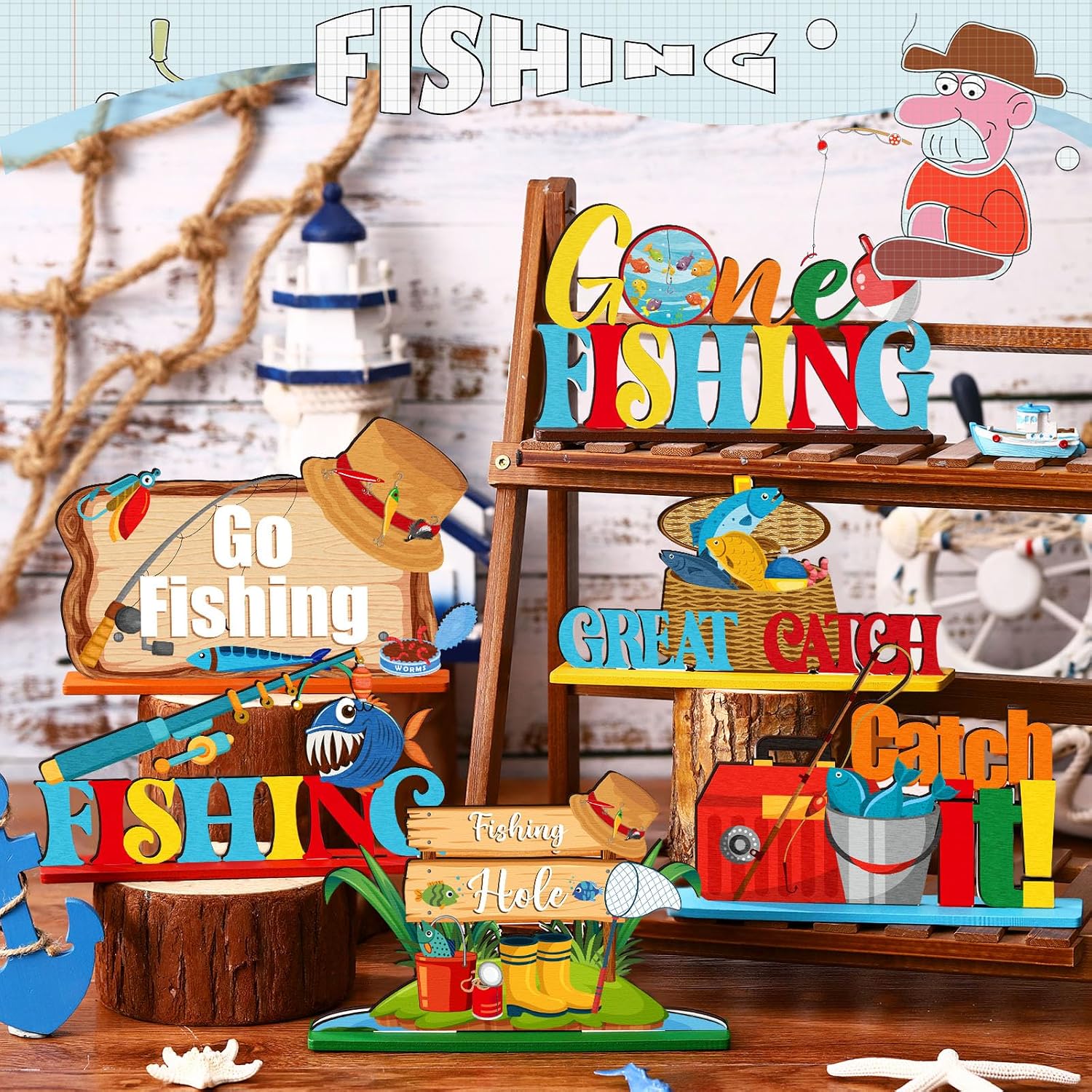 Moucuny 6 Pcs Gone Fishing Table Decorations Summer 3D Sign Table Decor Wooden Fishing Theme Centerpieces Detachable Topper Tiered Tray Decor for Summer Fisherman Birthday Party Supplies image 3