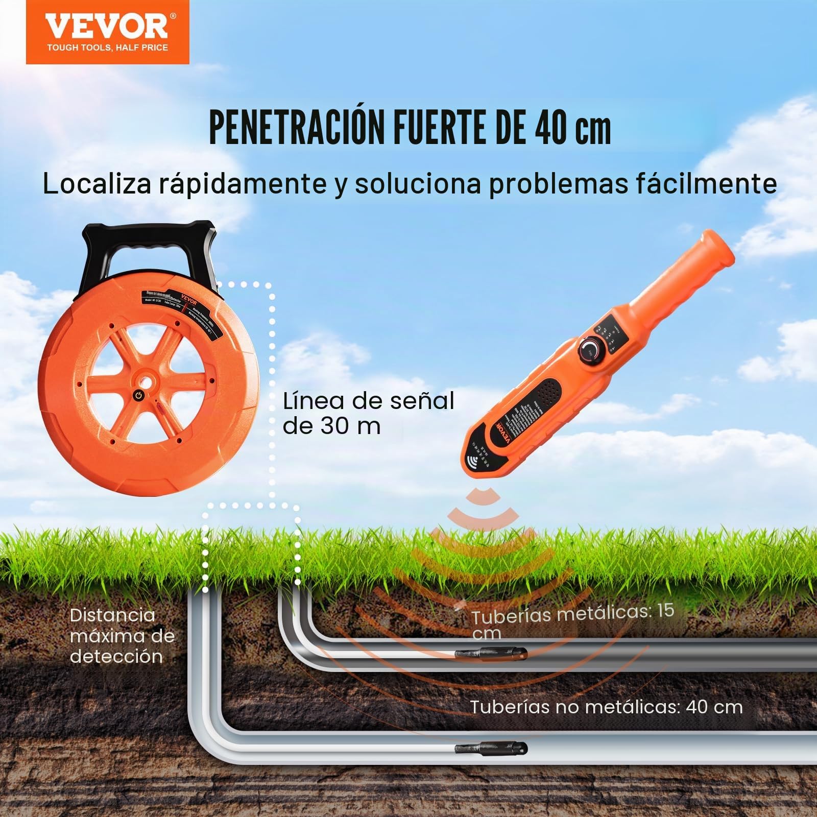 VEVOR Detector de bloqueo de tuberías Localizadores de tuberías 30m Impermeable IP67 Sensibilidad ajustable Escáner de pared de alcantarillado Herramienta de plomería para tubos de metal plástico PVC