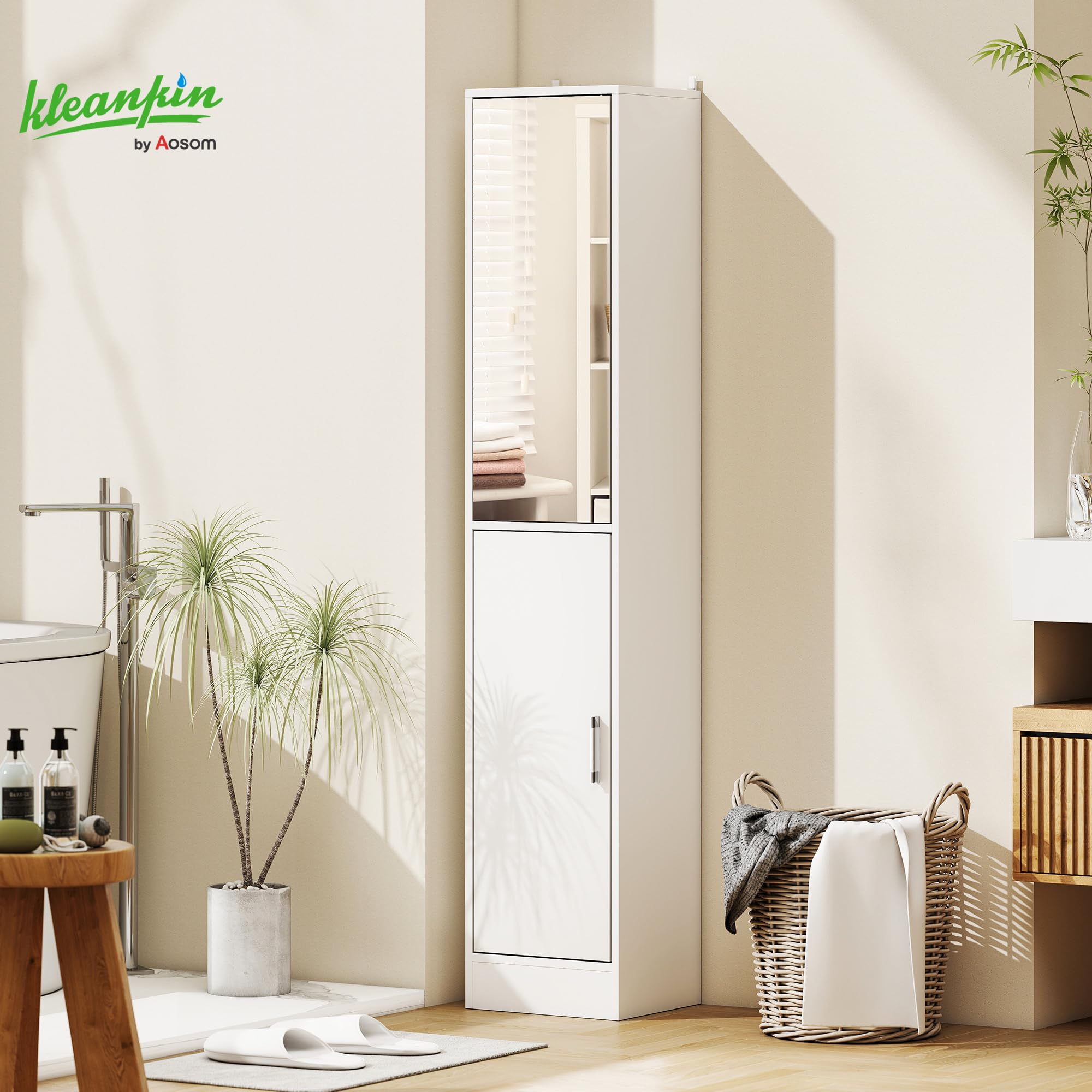kleankin Armario para Baño Alto Mueble Columna de Baño con Espejo 2 Puertas y Estantes Interiores Ajustables Multiusos para Cocina Salón 32x28x162 cm Blanco
