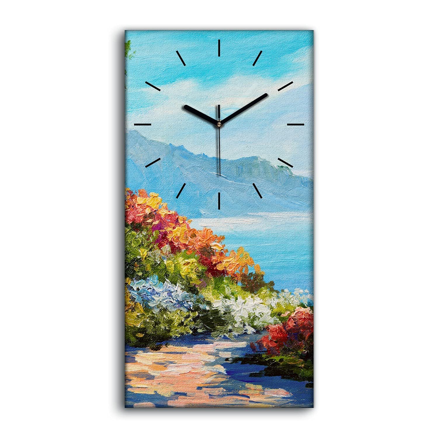 Horloge sur Toile 30x60cm Paysage de Montagne avec Fleurs et Arbres