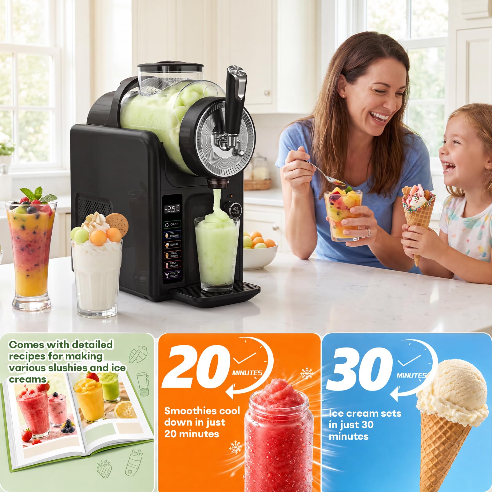 Slush Maschine,slushie maschine 2L Softeismaschine,Slushie Maschine für Zuhause,Maschine mit LED-Display,6 voreingestellte Programme für Eiscreme, Smoothies, Milchshakes, Slush-Cocktails und Margarita