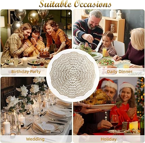 Miniatura 7 de Juego de 6 manteles individuales redondos dorados de 15 pulgadas, lavables, de vinilo, manteles individuales para mesa de comedor, aniversarios,