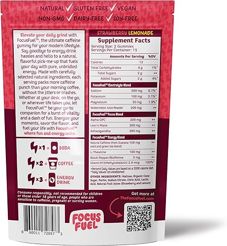 Miniatura 7 de FocusFuel Energy Chews - Sabor a limonada de fresa (15 porciones) - 100 mg de cafeína + Alpha GPC + L-teanina + B12, magnesio - Aumenta la