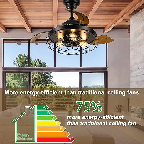 Miniatura 2 de Farmhouse Rustic Ceiling Fan with Lights36inch Black Industrial Caged Ceiling Fan Retractable Ceiling Fans with Light and Remote Control for Indoor
