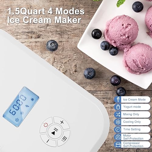 Miniatura 2 de LHRIVER Máquina para hacer helados de 1.5 cuartos de galón con pantalla LCD, máquina automática de helado y yogur congelado con compresor, sin