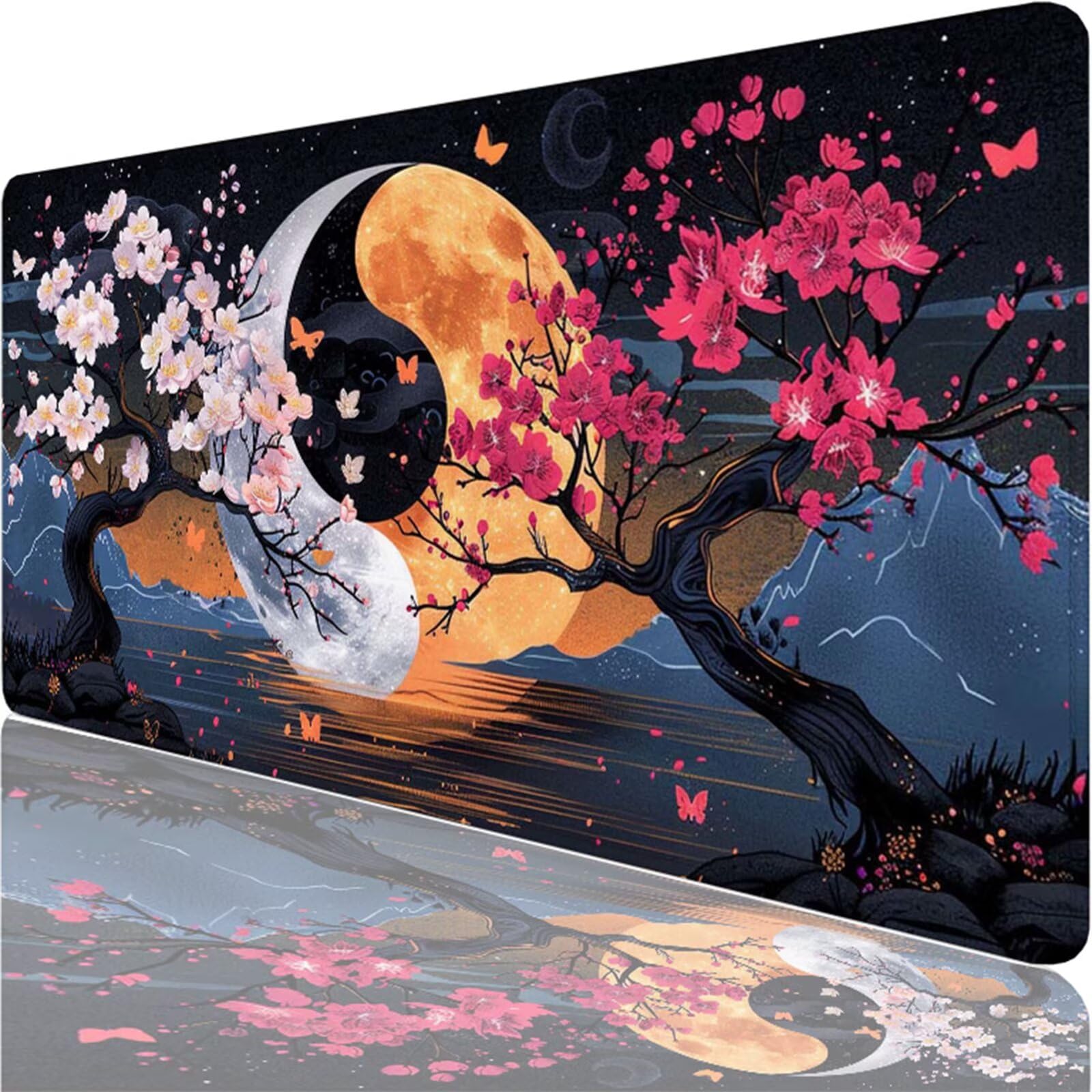 Podkładka pod mysz, 1500 x 800 x 3 mm, czarna podkładka pod mysz, duża podkładka pod mysz do gier z kwiatami wiśni, wodoodporna, teksturowana, odporna na zużycie, zmywalna, dla graczy, domu i biura XF