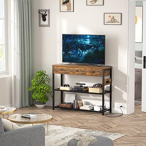 Miniatura 5 de Ecoprsio Mesa de entrada de 47 pulgadas con salidas y puertos USB, mesa consola con 3 cajones, mesa de sofá estrecha larga con estantes de Marrón