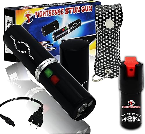FIGHTSENSE Kit de defensa personal para mujer con spray de pimienta y pistola de paralizante de lápiz labial con linterna, 25 ráfagas, carga