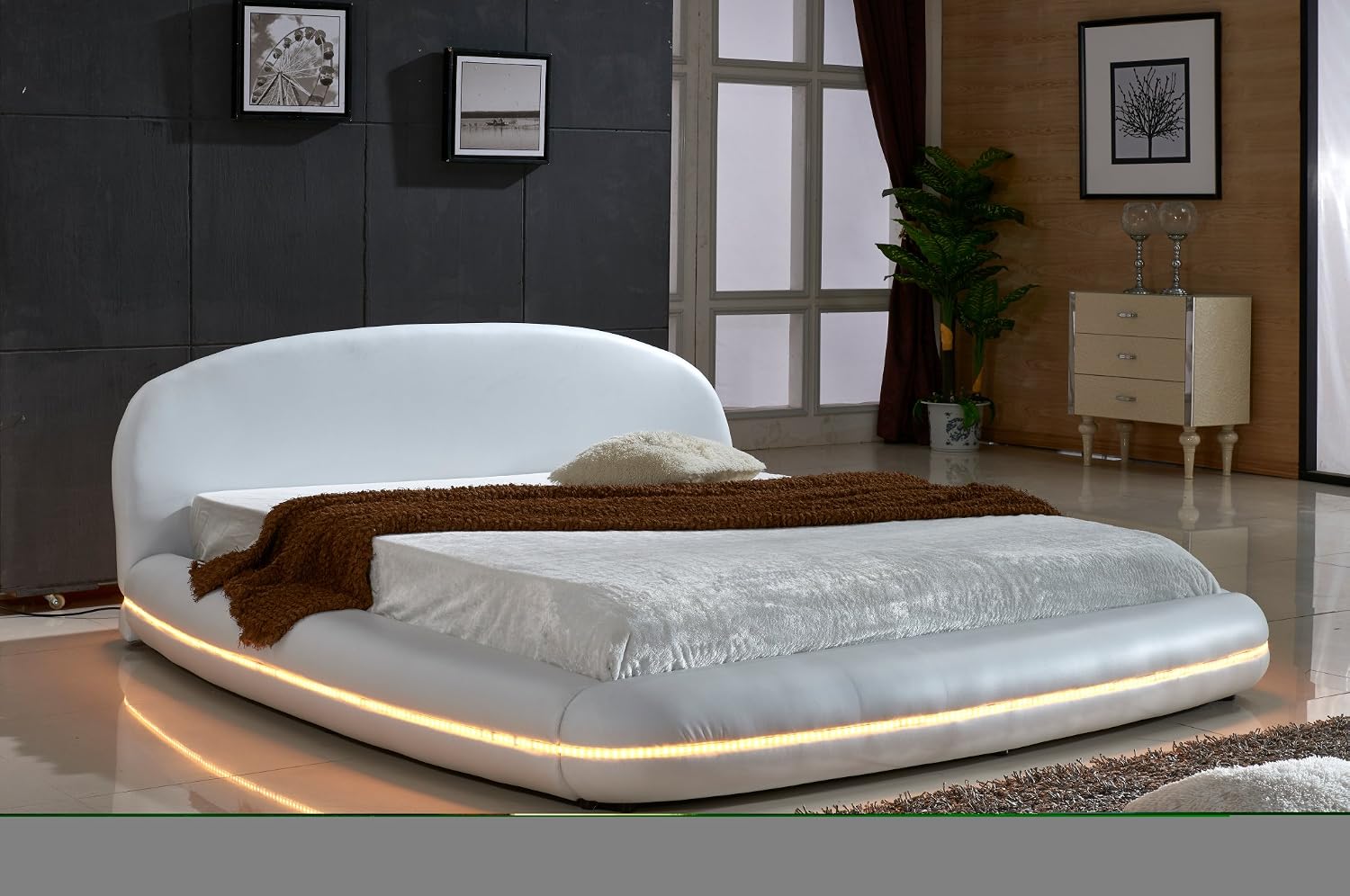 Container Furniture Direct Dylan Collection Modern Upholstered Faux Leather Platform Bed with Headboard and Multi-Color LED Lighting, California King, White