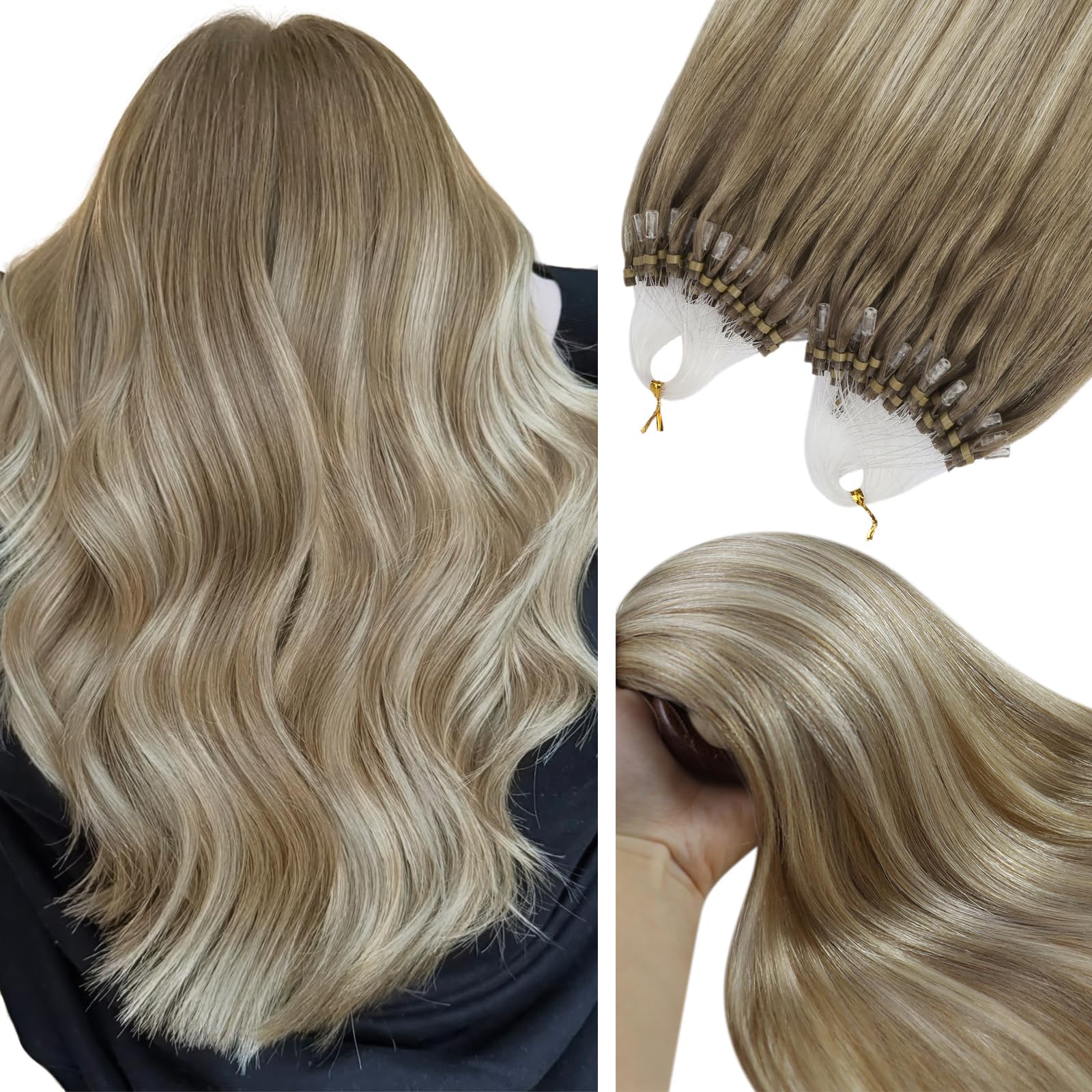 YoungSee Nano Beads Hair Extensions Blonde 14inch Nano Hair Extensions Warm Ash Blonde Highlights Bleach Blonde Nano Ring Hair Extension Highlight for Women Cold Fusion 50g Short Straight 50s — view 41