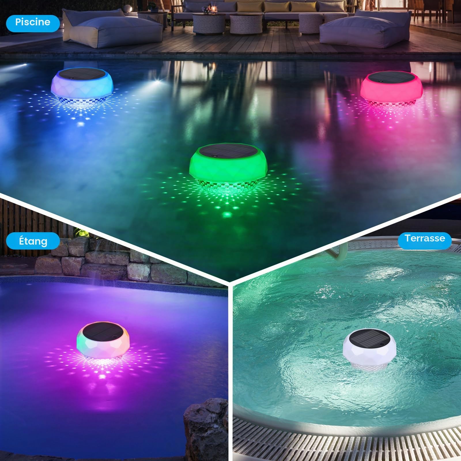 Qoolife Flotteur de chlore de piscine avec lumière solaire, distributeur de chlore flottant pour tablettes de 2,5 cm et 7,6 cm, distributeur de chlore flottant avec télécommande et réglable pour