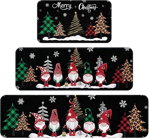 ASPMIZ Juego de 3 alfombras y tapetes de cocina de Navidad, diseño de gnomo de árbol de Navidad, tapetes de cocina de invierno antideslizantes,