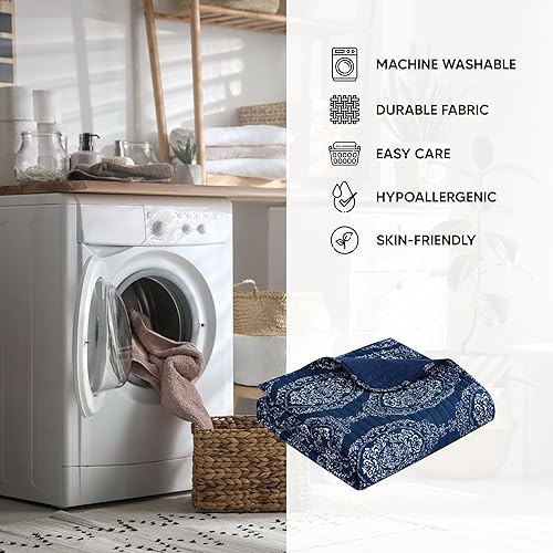 Miniatura 3 de Chic Home Verona - Juego de edredón de 9 piezas con estampado de medallones cosidos a rayas en una bolsa, juego de sábanas con fundas de almohada