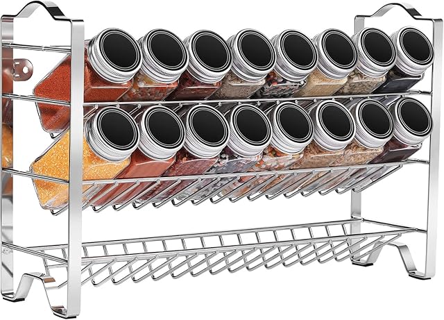 BAORELST Spice Rack Free standing Kitchen Metal Spice Racks Organizer Wall Mount With spice label for Countertop or Pantry Shelf Spice Condiments Jars Storage 3 Tier(Silver)