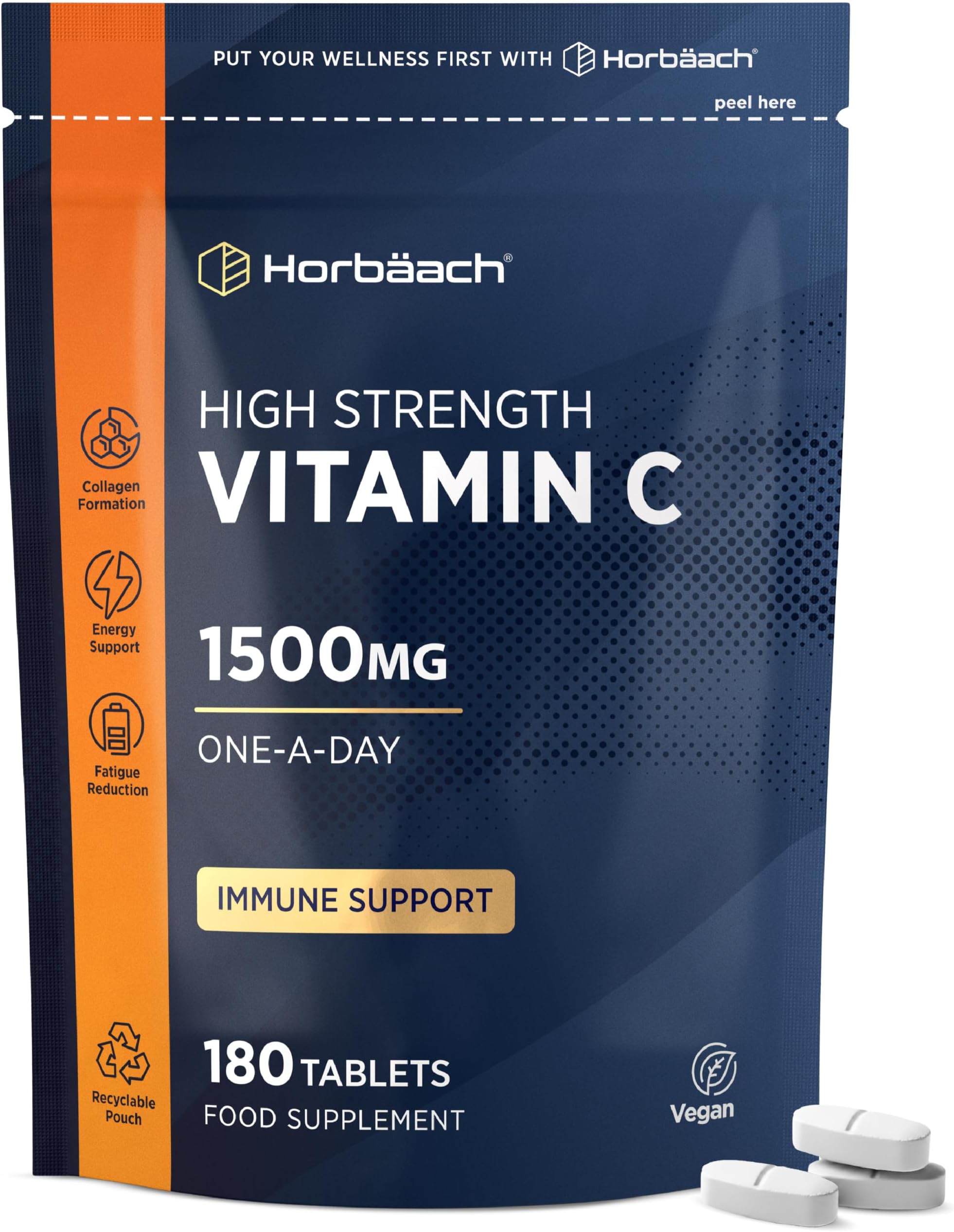 Vitamin C Tablets 1500mg | 180 Count | High Strength Ascorbic Acid | Suitable for Vegetarians and Vegans | by Horbaach