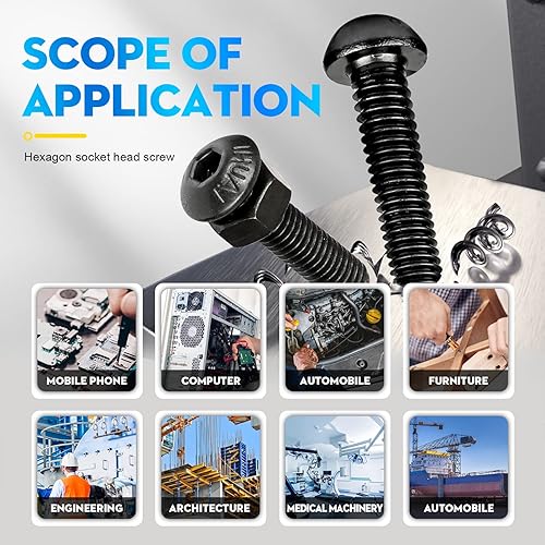 Vista 15 de NINDEJIN 322 piezas de tornillos hexagonales de cabeza de botón, tuercas surtidas con llave Allen, M2.5 x 3/4/5/6/8/10/12/16/0.787 in y tuerca