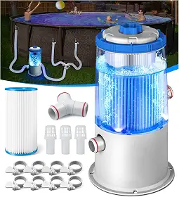 Bomba de filtro de piscina iluminada de 1000 GPH para piscinas acima do solo | Luz LED azul embutida, caixa transparente para monitor de circulação e filtragem de água em tempo real, sistema